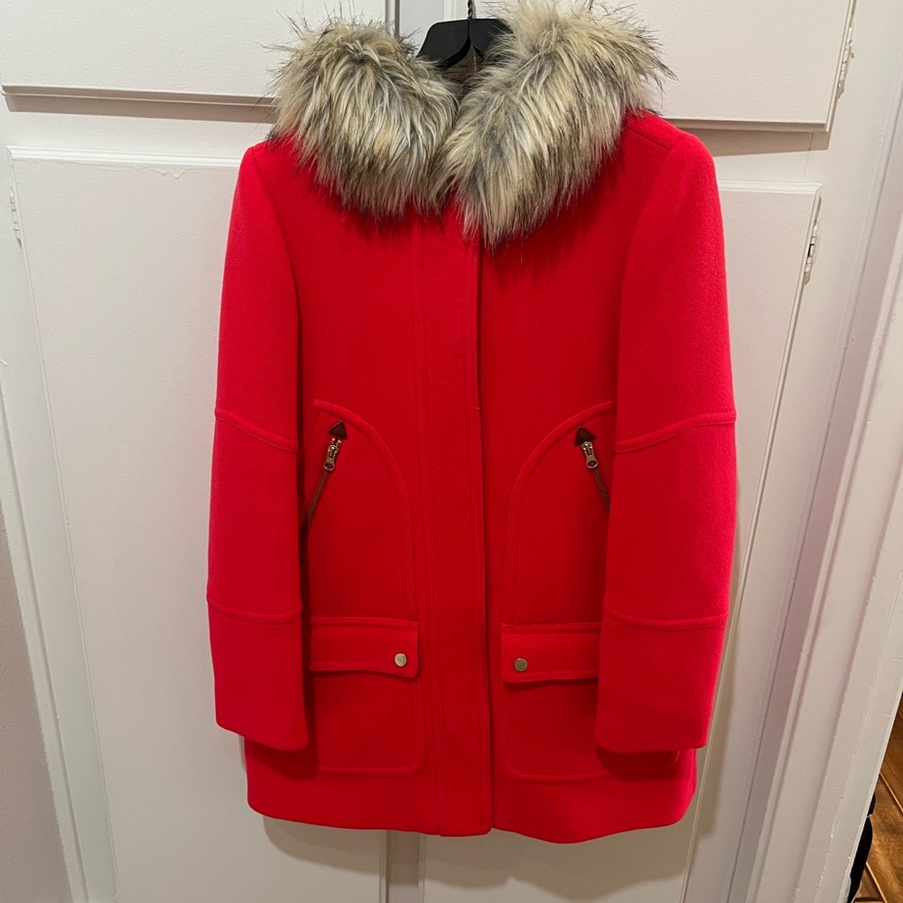J. Crew Women's Stadium Wool Hooded Parka in Red with detachable Faux Fur Trim